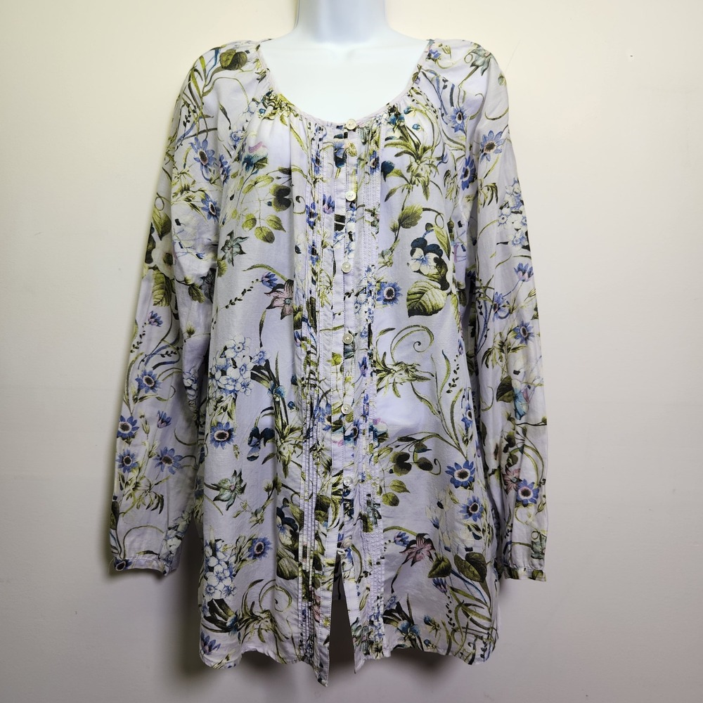 J. Jill Floral Silk Blend Pintucked Peasant Blouse Lrg Button Front Lavender